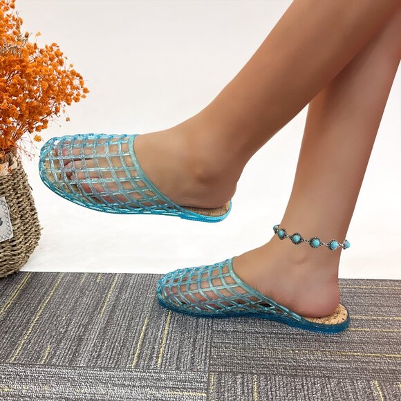 Lurnyet Womens Blue Jelly Comfort Cushion Slide Flat Sandal with Cork Footbed - Picture 6 of 7